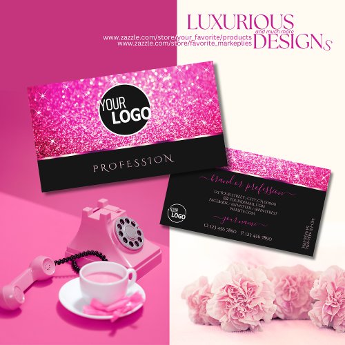 Luxury Black Girly Pink Glitter Stars add Logo Business Card