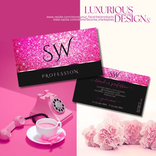 Luxury Black Girly Pink Glitter Stars Initials Business Card