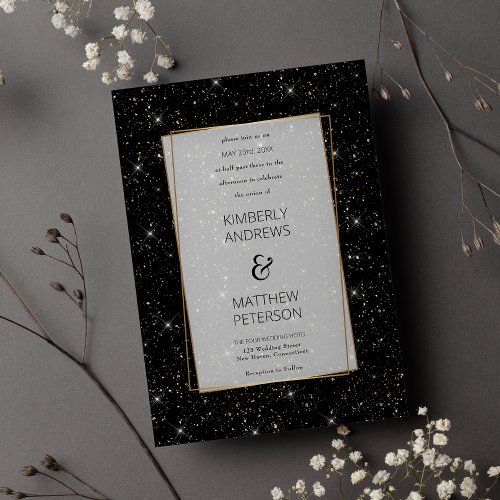 Luxury black glam gold glitter confetti Wedding Invitation