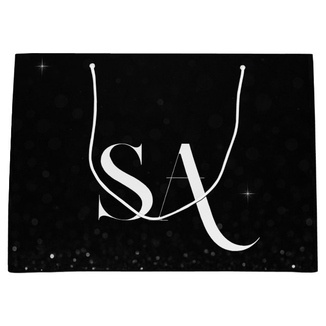 Luxury Black Glitter Gift Bag with Initials (Front)