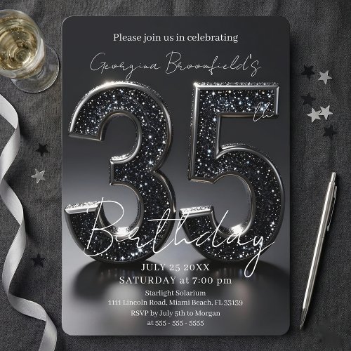 Luxury Black Glitter Silver Sparkle 35th Birthday