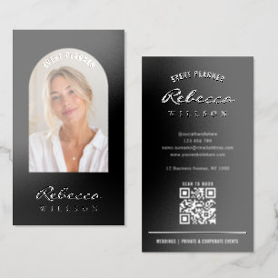Luxury Black & Glossy Script Text QR Code Photo Raised Spot UV Business Card
