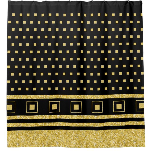 Luxury Black Gold Abstract Geometric Squares Shower Curtain (Front)