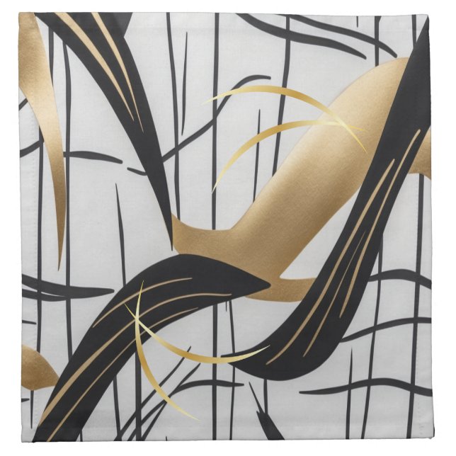 Luxury Black & Gold Abstract Line Napkins (Front)