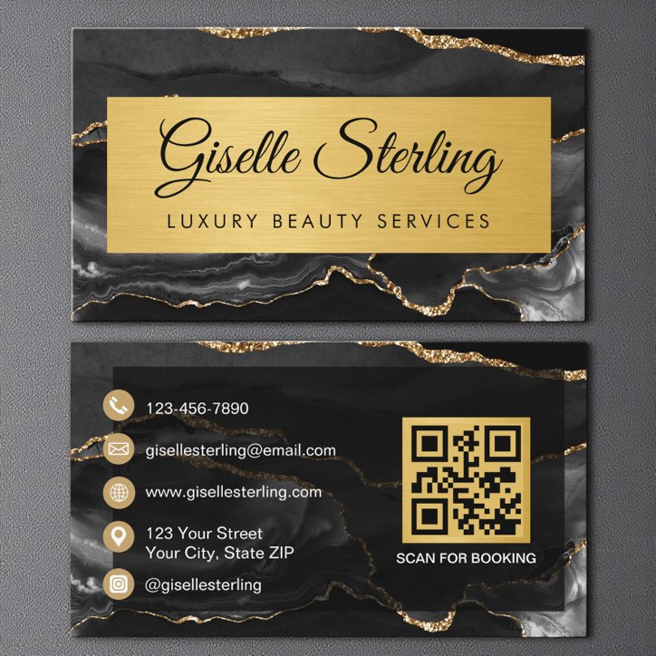 Luxury Black Gold Agate Glitter QR Code Business Card