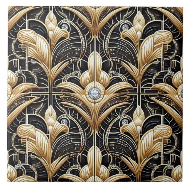Luxury Black & Gold Art Deco Ceramic Tile  (Front)