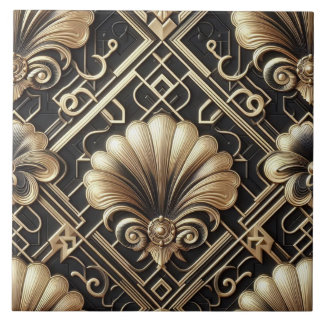 Luxury Black & Gold Art Deco Ceramic Tile