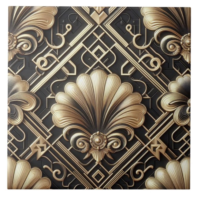 Luxury Black & Gold Art Deco Ceramic Tile  (Front)