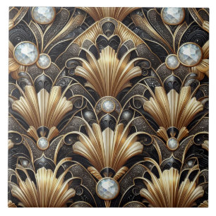 Luxury Black & Gold Art Deco Ceramic Tile 
