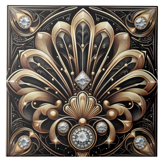 Luxury Black & Gold Art Deco Ceramic Tile  (Front)