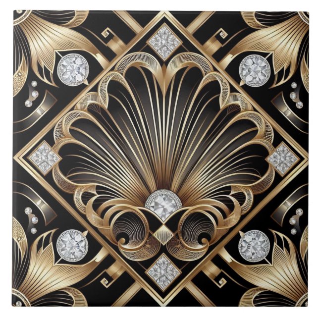 Luxury Black & Gold Art Deco Ceramic Tile  (Front)