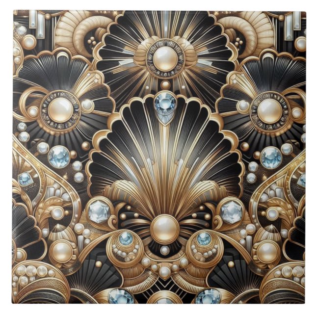 Luxury Black & Gold Art Deco Ceramic Tile  (Front)