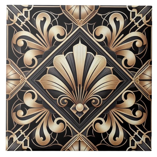 Luxury Black & Gold Art Deco Ceramic Tile  (Front)