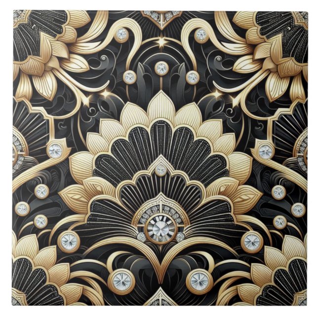 Luxury Black & Gold Art Deco Ceramic Tile  (Front)