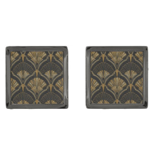 Luxury Black Gold Art Deco Fan Gatsby Wedding Cufflinks