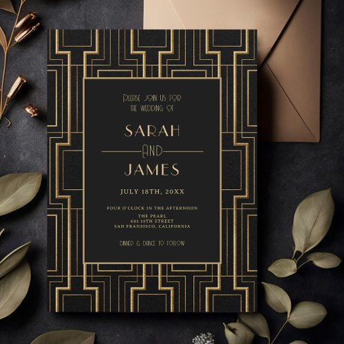 Luxury Black  Gold Art Deco Gatsby Wedding  Invitation