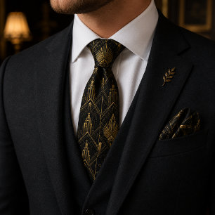 Luxury Black Gold Art Deco Gatsby Wedding Neck Tie