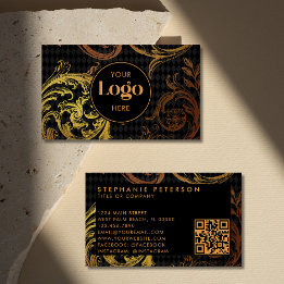 Luxury Black & Gold Baroque Custom Logo QR Code Business Card