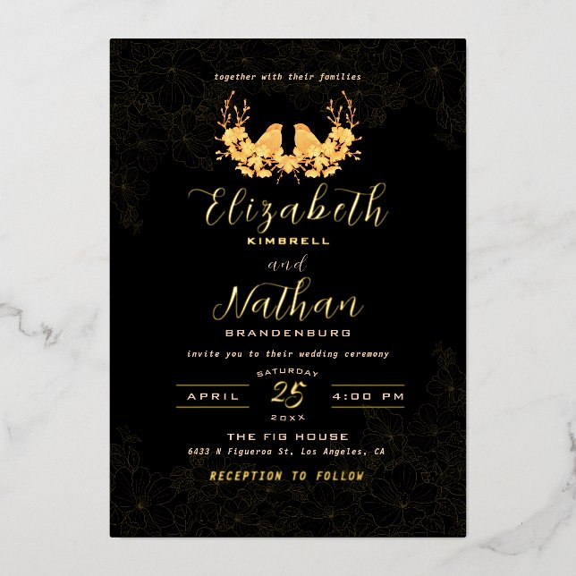 Luxury Black & Gold Birds Floral Pattern Foil Invitation (Front)