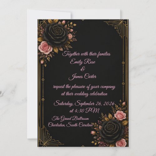Luxury Black Gold & Blush Rose Wedding Invitation