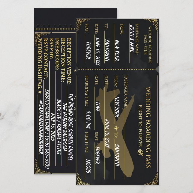 Luxury Black & Gold boarding pass save the date (Front/Back)