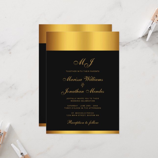 Luxury Black Gold Border Monogram Wedding Invitation (Front/Back In Situ)