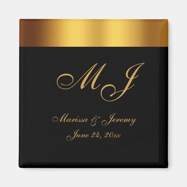 Luxury Black Gold Border Monogram Wedding Magnet (Front)