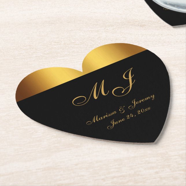 Luxury Black Gold Border Monogram Wedding Paper Coaster (Angled)