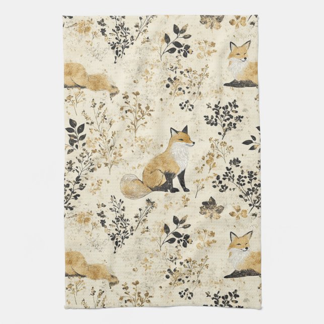 Luxury Black & Gold Botanical Fox Art (2) Kitchen Towel (Vertical)