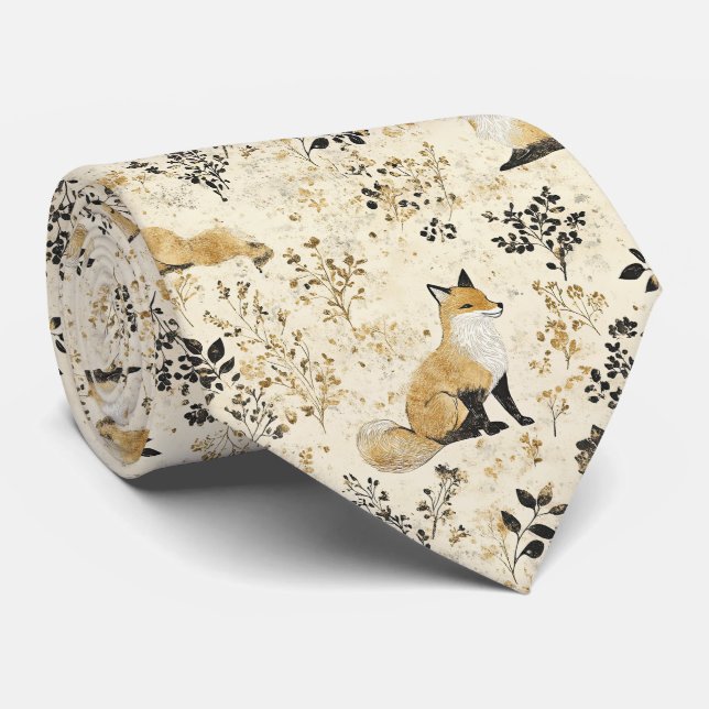 Luxury Black & Gold Botanical Fox Art (2) Neck Tie (Rolled)