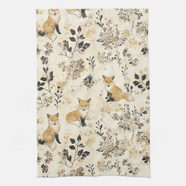 Luxury Black & Gold Botanical Fox Art (3) Kitchen Towel (Vertical)