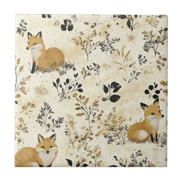 Luxury Black & Gold Botanical Fox Art (4) Ceramic Tile (Front)