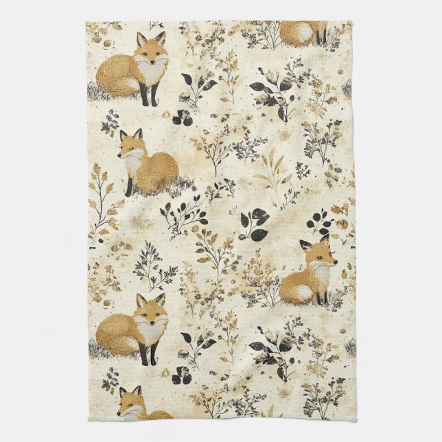Luxury Black & Gold Botanical Fox Art (4) Kitchen Towel (Vertical)