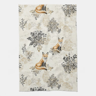Luxury Black & Gold Botanical Fox Art Kitchen Towel