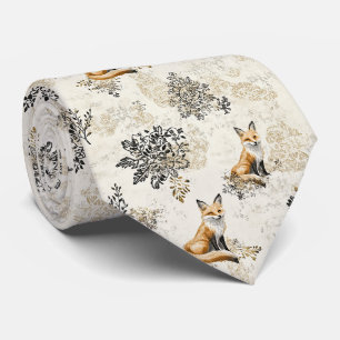 Luxury Black & Gold Botanical Fox Art Neck Tie
