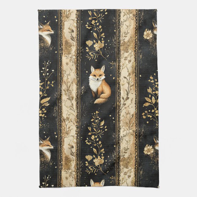Luxury Black & Gold Botanical Fox Pattern (1) Kitchen Towel (Vertical)
