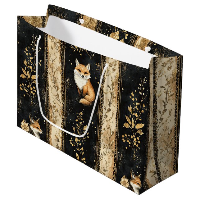 Luxury Black & Gold Botanical Fox Pattern (1) Large Gift Bag (Front Angled)