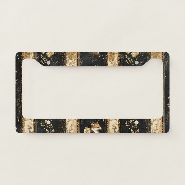 Luxury Black & Gold Botanical Fox Pattern (1) License Plate Frame (Front)