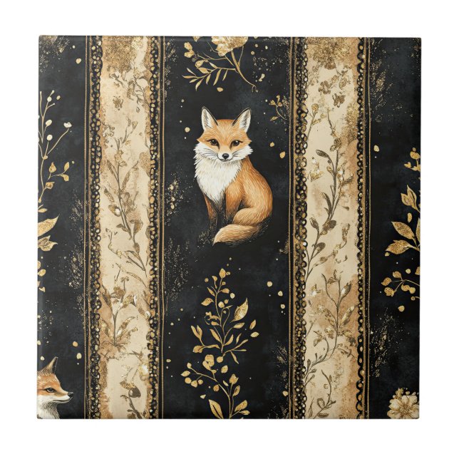 Luxury Black & Gold Botanical Fox Pattern Ceramic Tile (Front)