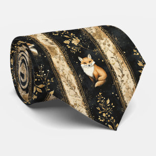 Luxury Black & Gold Botanical Fox Pattern Neck Tie