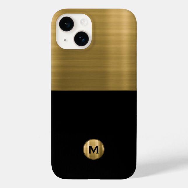 Luxury Black Gold Brushed Metal Monogram Case-Mate iPhone Case (Back)