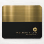 Luxury Black Gold Brushed Metal Monogram Mouse Pad<br><div class="desc">Modern luxury monogram design with brushed metal gold monogram medallion; classic block typopgrahy with personalized name and title below on a simple black background. Personalize for your custom use.</div>