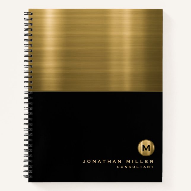 Luxury Black Gold Brushed Metal Monogram Notebook (Front)