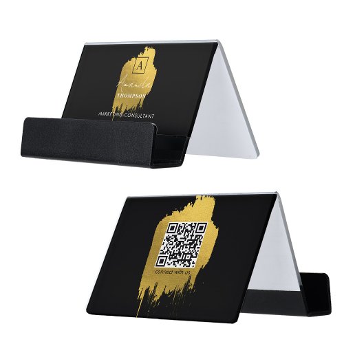 Luxury Black Gold Brushstroke Modern Artistic  Desk Business Card Holder