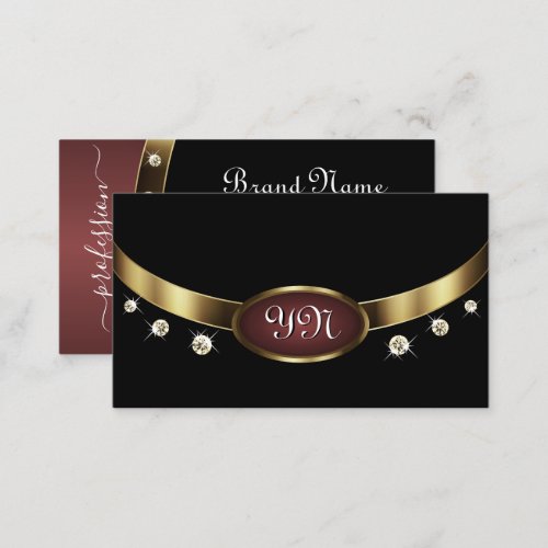 Luxury Black Gold Burgundy Initials Rhinestones Business Card
