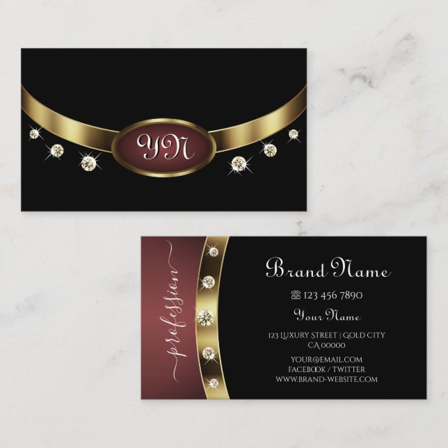 Luxury Black Gold Burgundy Initials Rhinestones Business Card (Front/Back)
