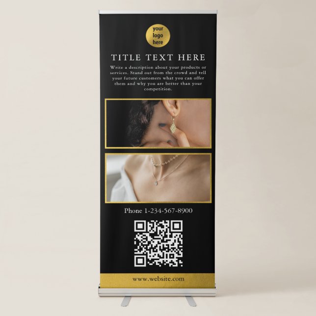 Luxury Black Gold Business Logo Photo QR Code Retractable Banner (Front)