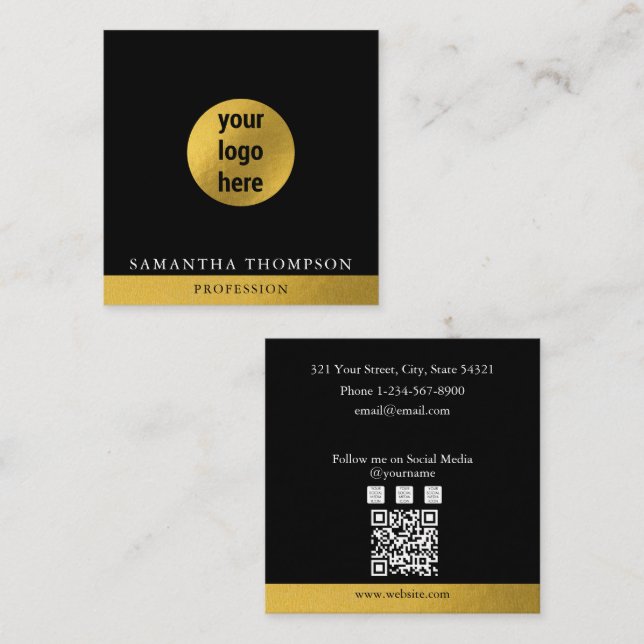 Luxury Black & Gold Business Logo QR Code Square Business Card (Front/Back)