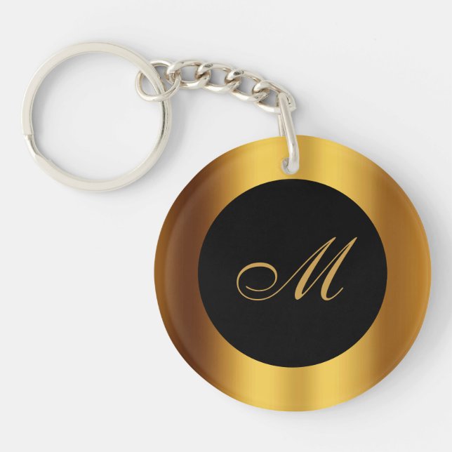 Luxury Black Gold Calligraphy Border Monogram Keychain (Front)