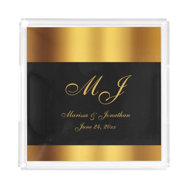 Luxury Black Gold Calligraphy Border Wedding Acrylic Tray (Front)